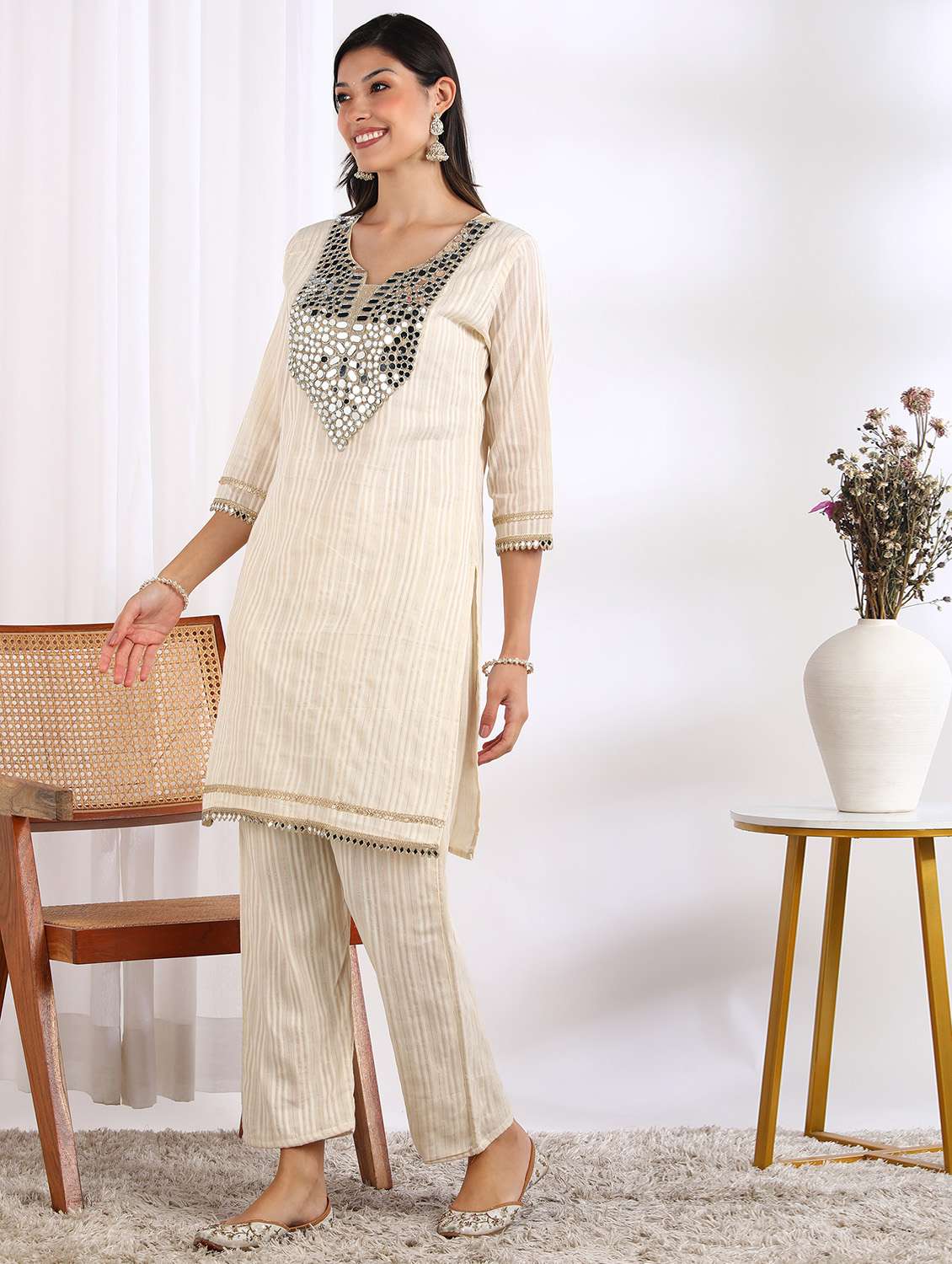 women self design three quarter sleeve ethnic co-ord set - 22228268 -  Standard Image - 4