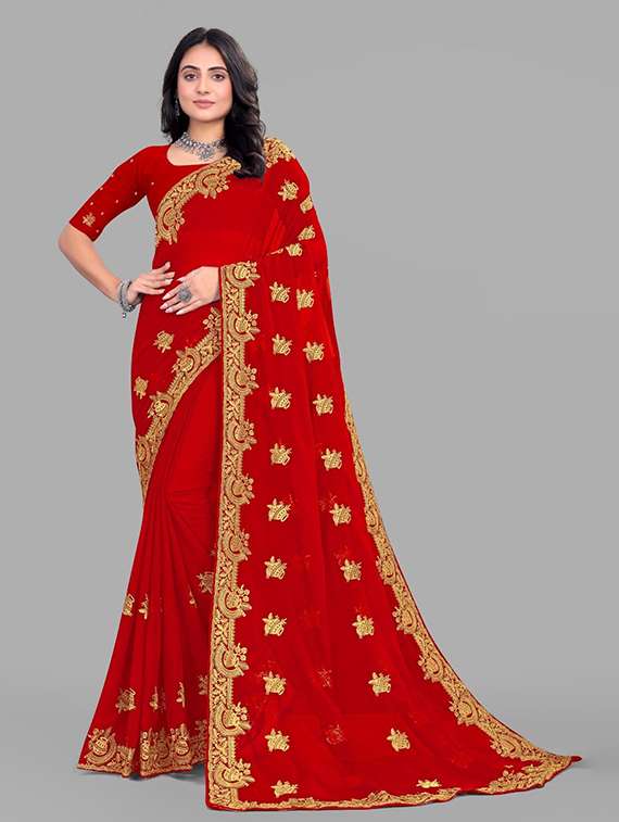 women solid with work embroidered saree with blouse