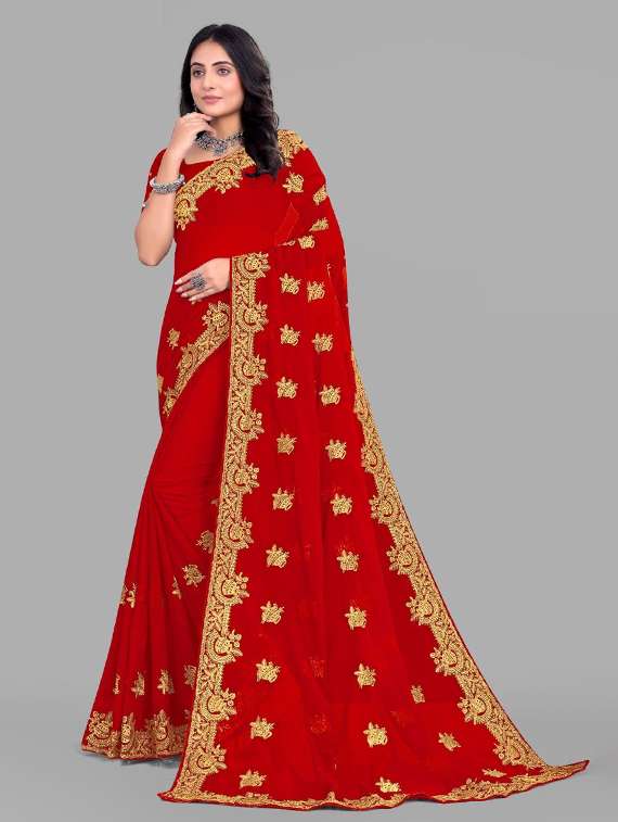 women solid with work embroidered saree with blouse - 22228372 -  Standard Image - 1