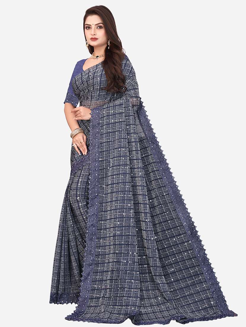 women checkered embellished saree with blouse - 22228373 -  Standard Image - 1