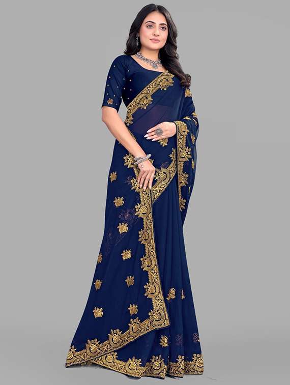 women solid with work embroidered saree with blouse - 22228402 -  Standard Image - 1