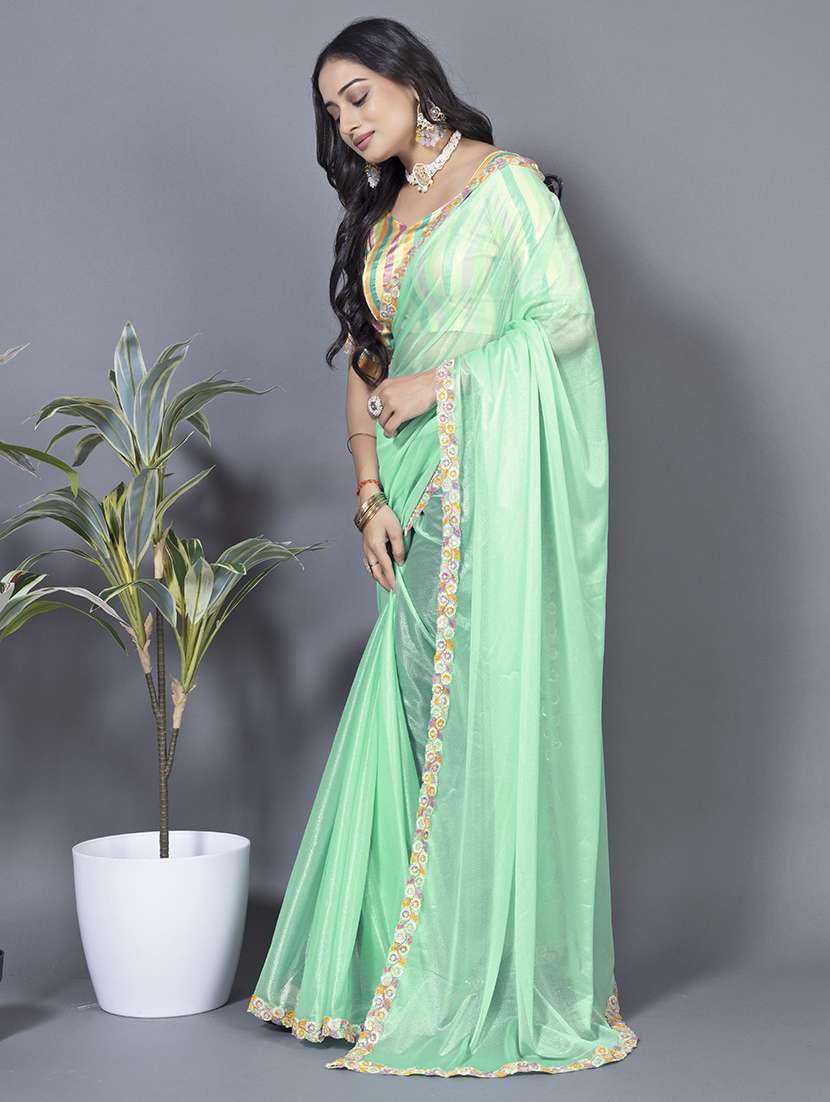 women solid with embellished bordered saree with blouse - 22228415 -  Standard Image - 1
