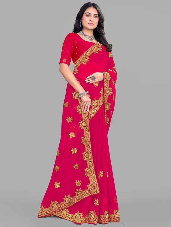 women solid with work embroidered saree with blouse - 22228416 -  Standard Image - 1