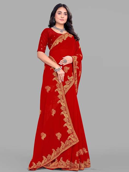 women solid with work embroidered saree with blouse - 22228417 -  Standard Image - 0