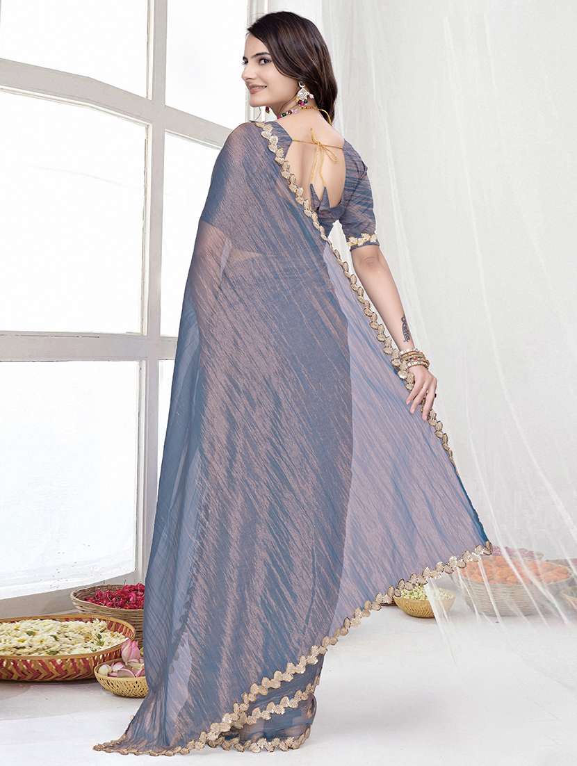 women solid with embellished bordered saree with blouse - 22228428 -  Standard Image - 1