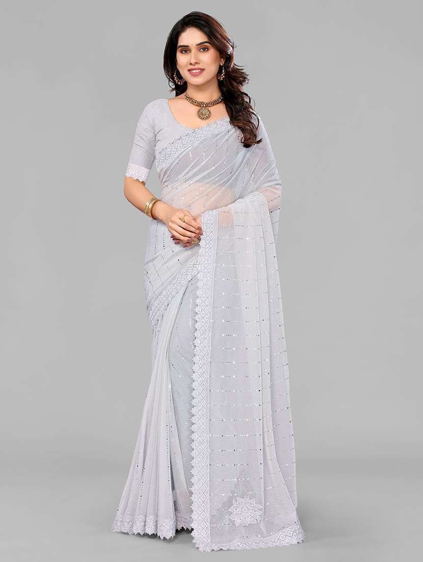 women solid with work embellished saree with blouse