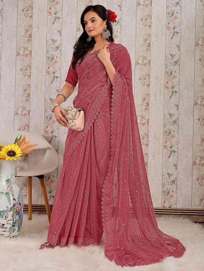 pink lycra blend printed saree with blouse - 22228553 -  Standard Image - 1