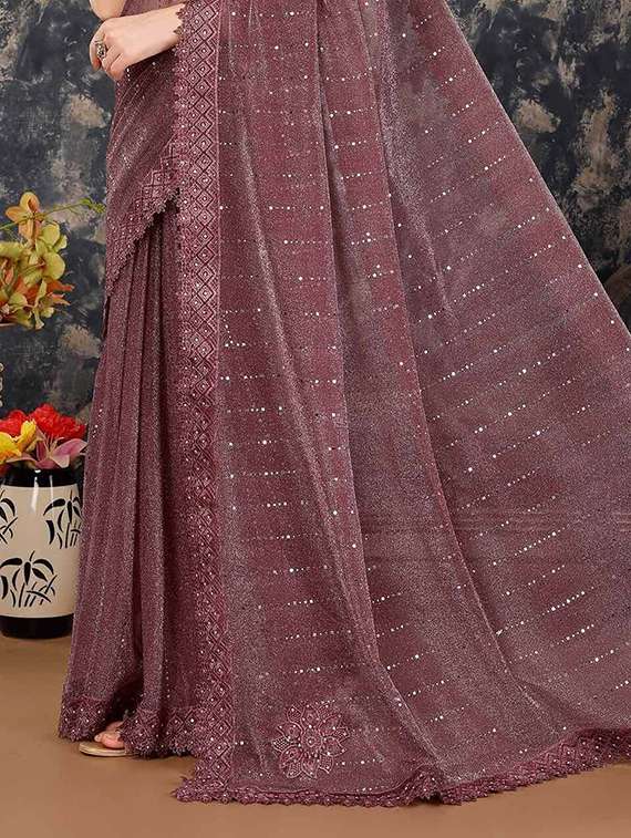 maroon lycra blend printed saree with blouse - 22228559 -  Standard Image - 1