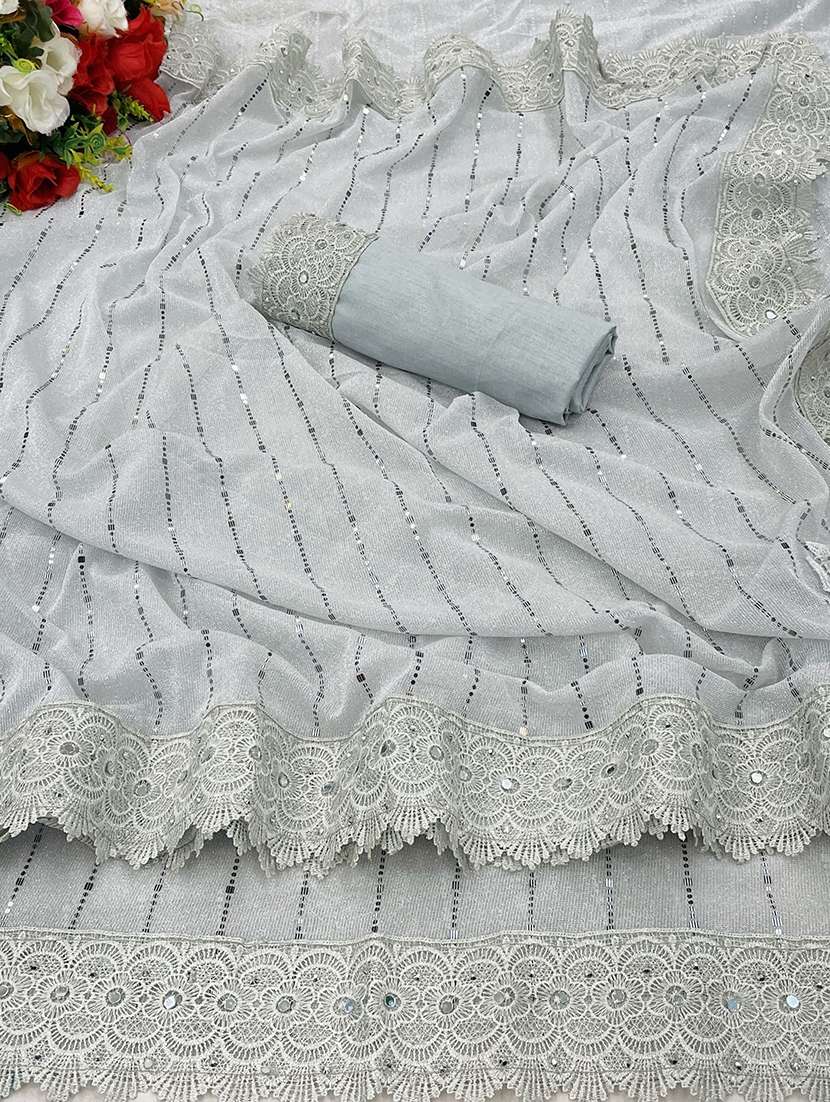 white lycra blend printed saree with blouse - 22228562 -  Standard Image - 4