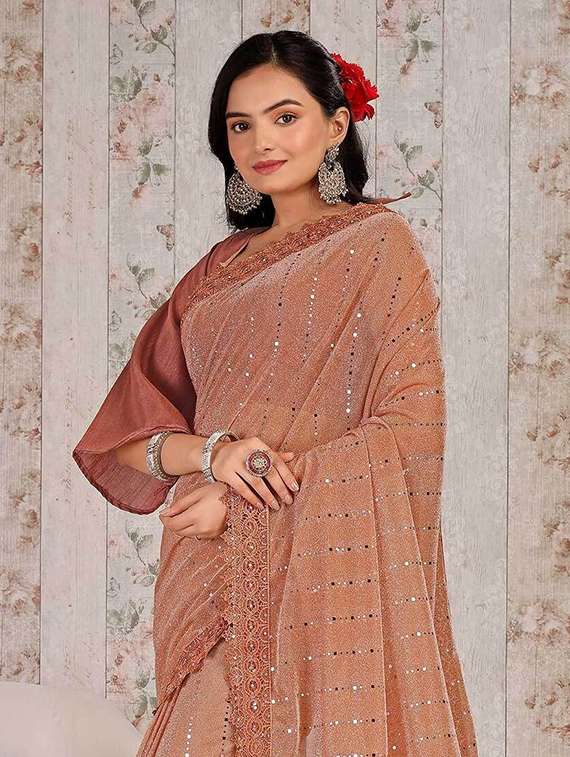 orange lycra blend printed saree with blouse - 22228564 -  Standard Image - 1