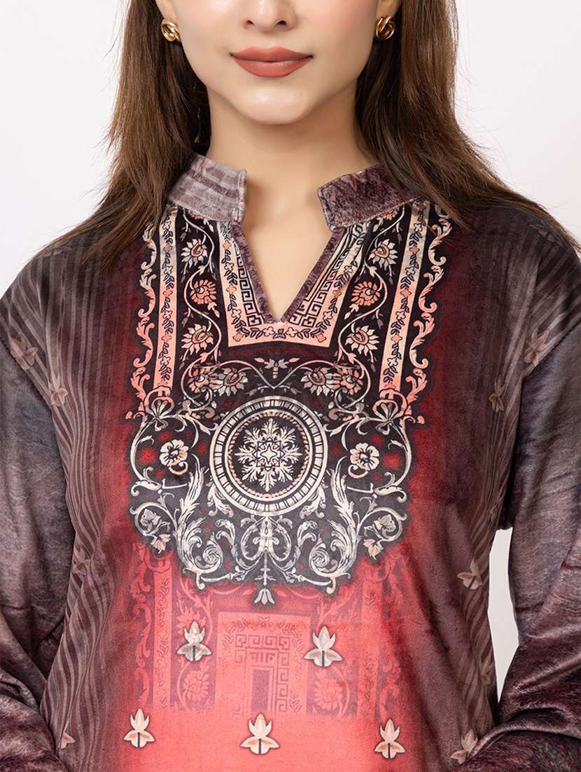 women printed long sleeve woolen kurta and pant set with dupatta - 22228681 -  Standard Image - 4