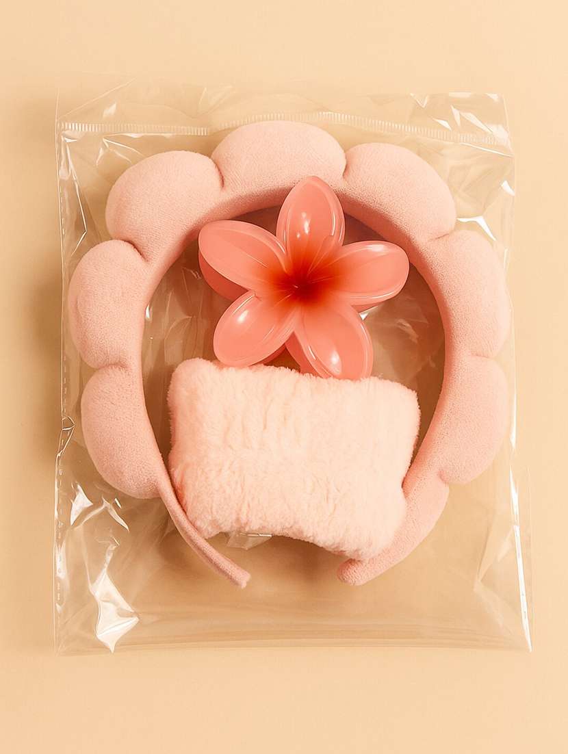 women soft padded headband with matching wristbands and floral hair clip combo set - 22228708 -  Standard Image - 1