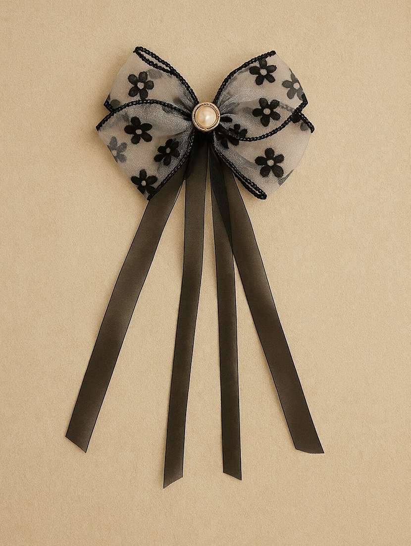 women sheer black floral bow hair clip with pearl center - 22228750 -  Standard Image - 1