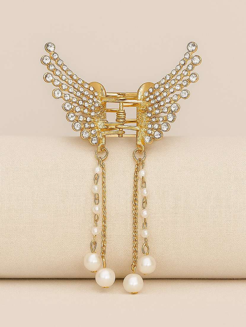 women gold wing design hair claw with rhinestones and pearl dangling chains - 22228766 -  Standard Image - 1
