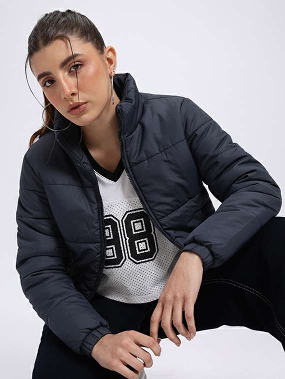 women solid stand collar long sleeve quilted jacket - 22228855 -  Standard Image - 1