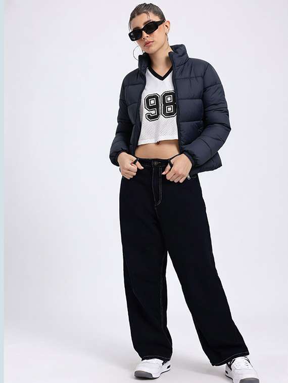 women solid stand collar long sleeve quilted jacket - 22228855 -  Standard Image - 4