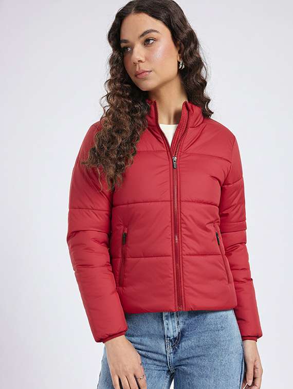 women solid stand collar long sleeve quilted jacket
