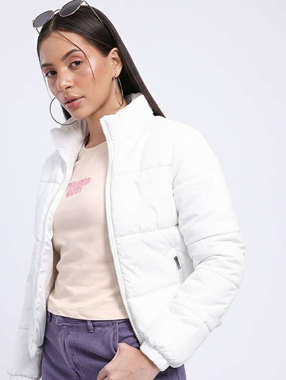 women solid stand collar long sleeve quilted jacket - 22228857 -  Standard Image - 1