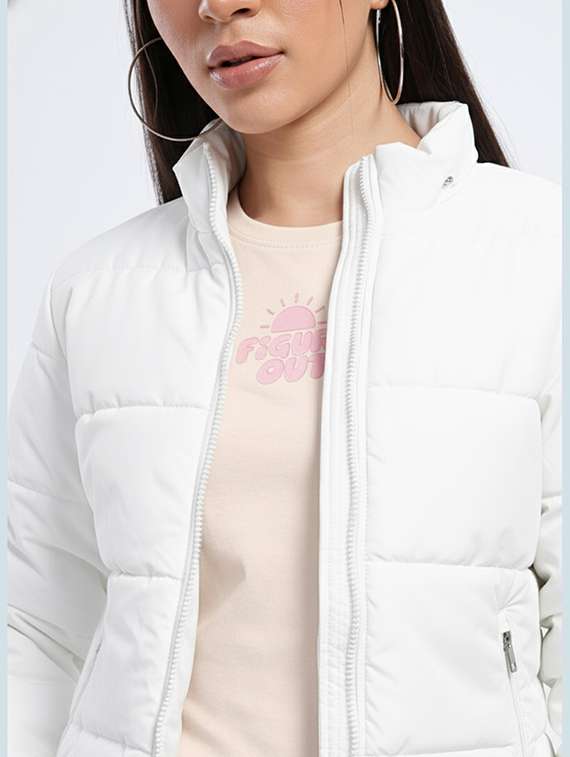 women solid stand collar long sleeve quilted jacket - 22228857 -  Standard Image - 4