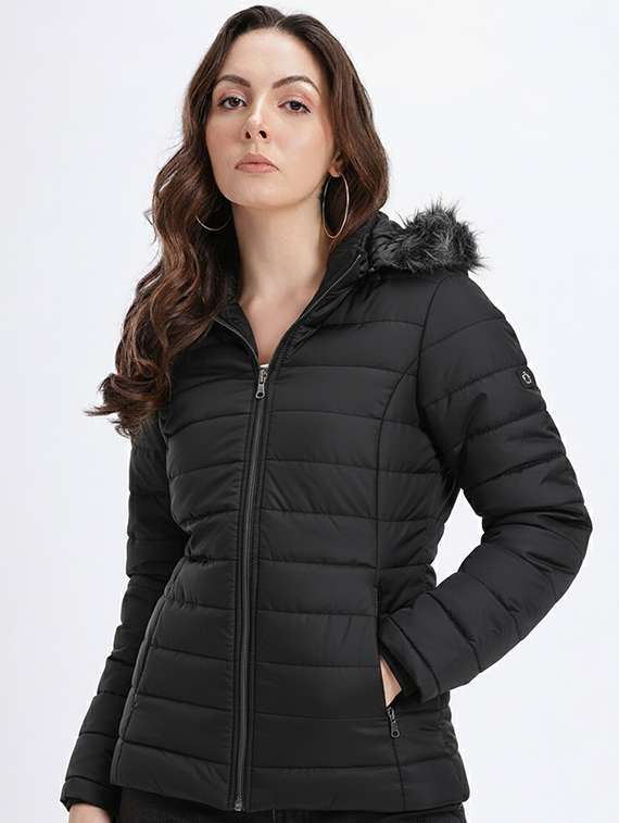 women solid long sleeve hooded quilted jacket