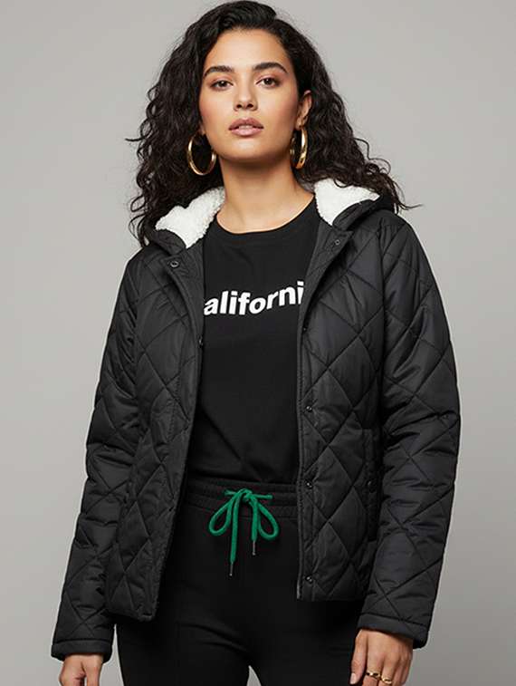 women solid long sleeve hooded quilted jacket