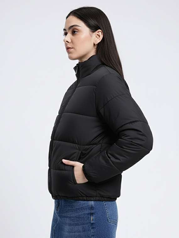 women solid stand collar long sleeve quilted jacket - 22228863 -  Standard Image - 1