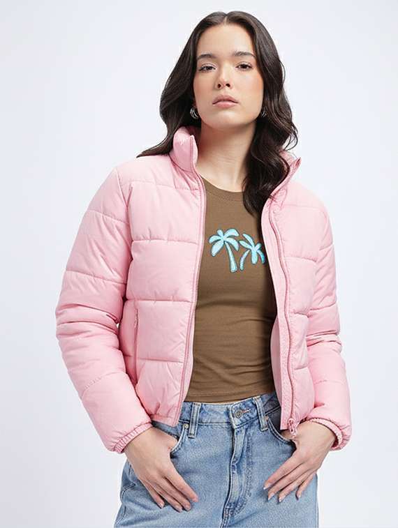 women solid long sleeve stand collar quilted jacket
