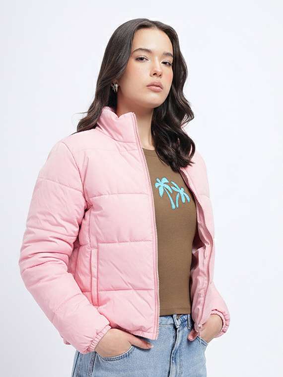 women solid long sleeve stand collar quilted jacket - 22228865 -  Standard Image - 1