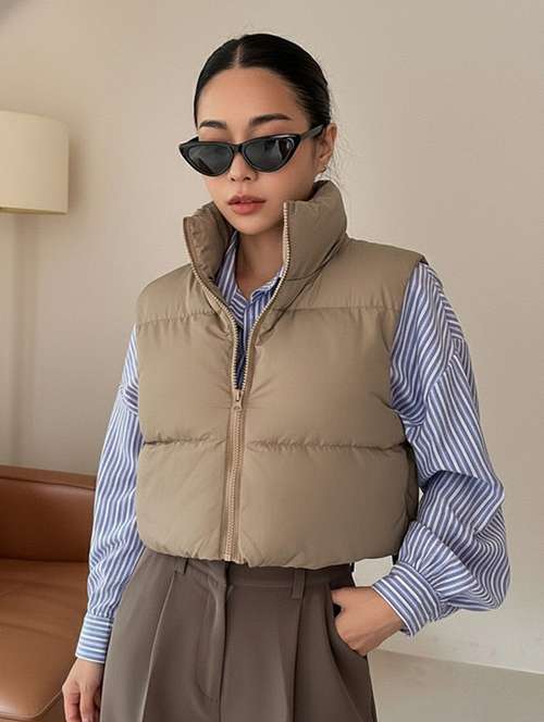 women solid sleeveless puffer jacket - 22228931 -  Standard Image - 0