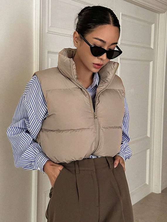 women solid sleeveless puffer jacket - 22228932 -  Standard Image - 1