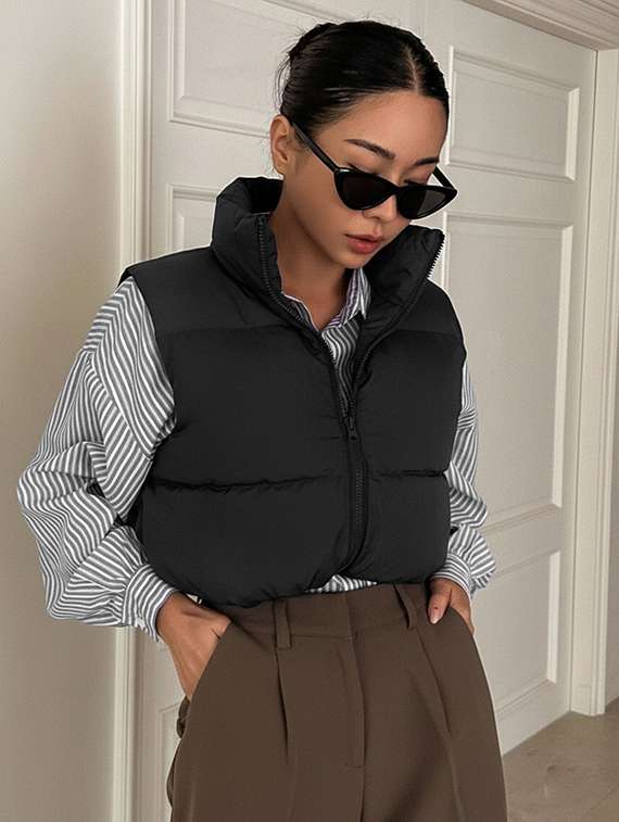 women solid sleeveless puffer jacket - 22228934 -  Standard Image - 1