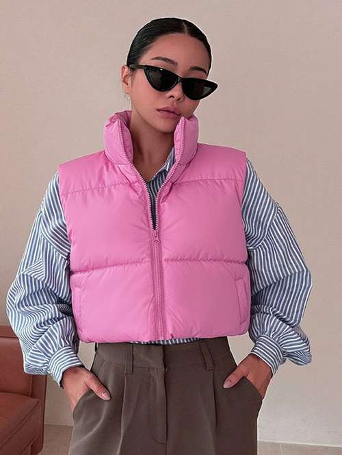 women solid sleeveless puffer jacket - 22228938 -  Standard Image - 0