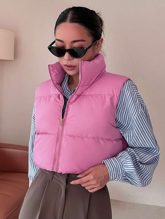 women solid sleeveless puffer jacket - 22228938 -  Standard Image - 1