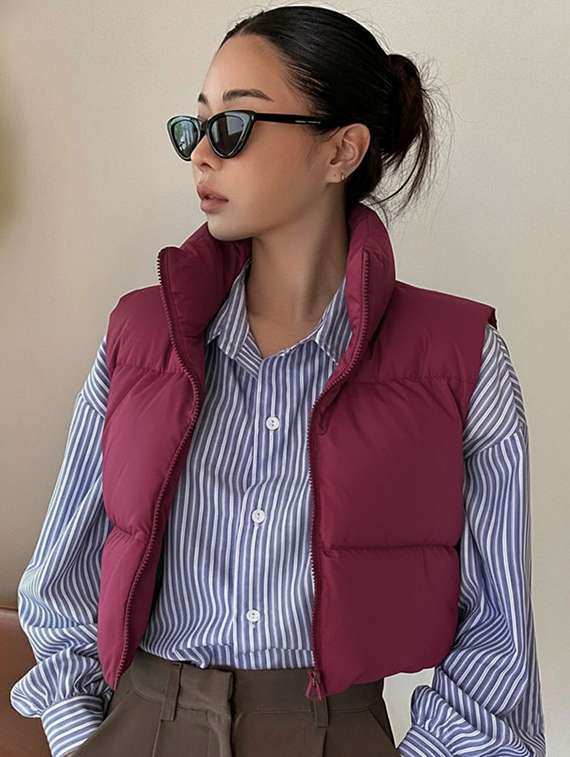 women solid sleeveless puffer jacket - 22228939 -  Standard Image - 1