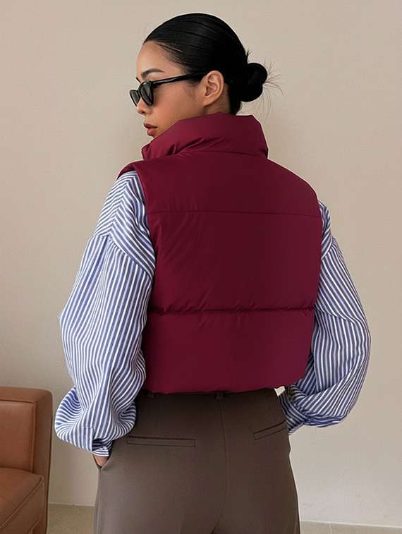 women solid sleeveless puffer jacket - 22228939 -  Standard Image - 4