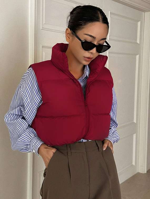 women solid sleeveless puffer jacket - 22228940 -  Standard Image - 1