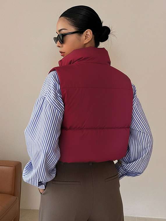 women solid sleeveless puffer jacket - 22228940 -  Standard Image - 4