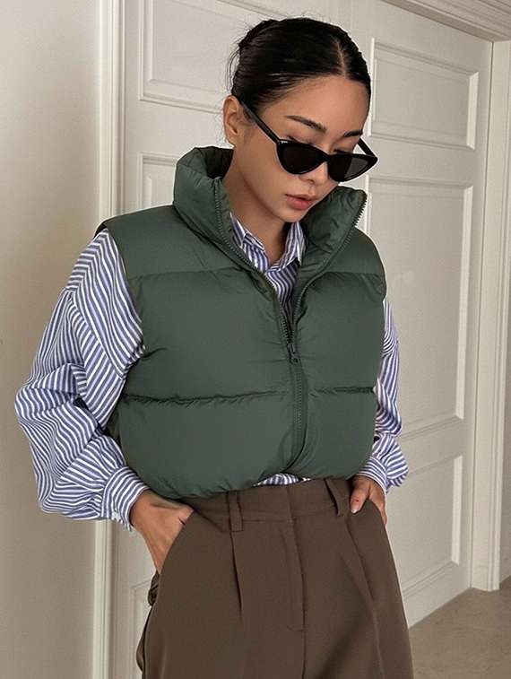 women solid sleeveless puffer jacket - 22228941 -  Standard Image - 1