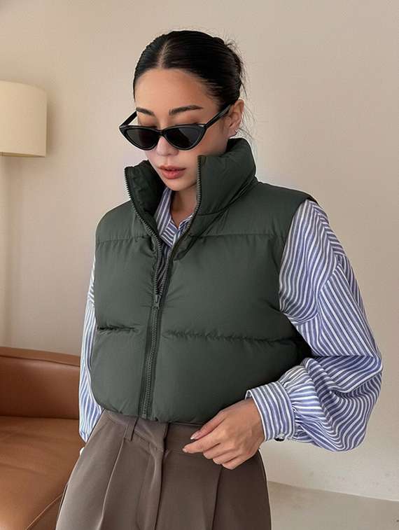 women solid sleeveless puffer jacket - 22228942 -  Standard Image - 1