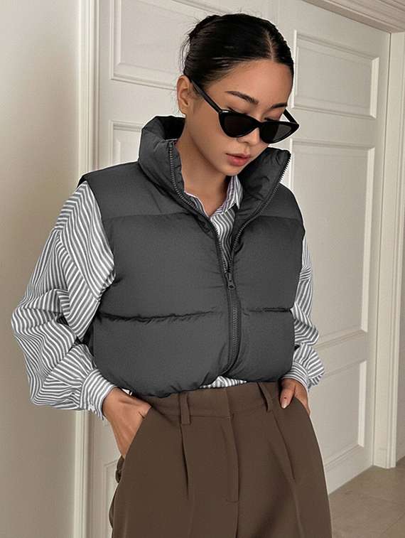women solid sleeveless puffer jacket - 22228943 -  Standard Image - 1