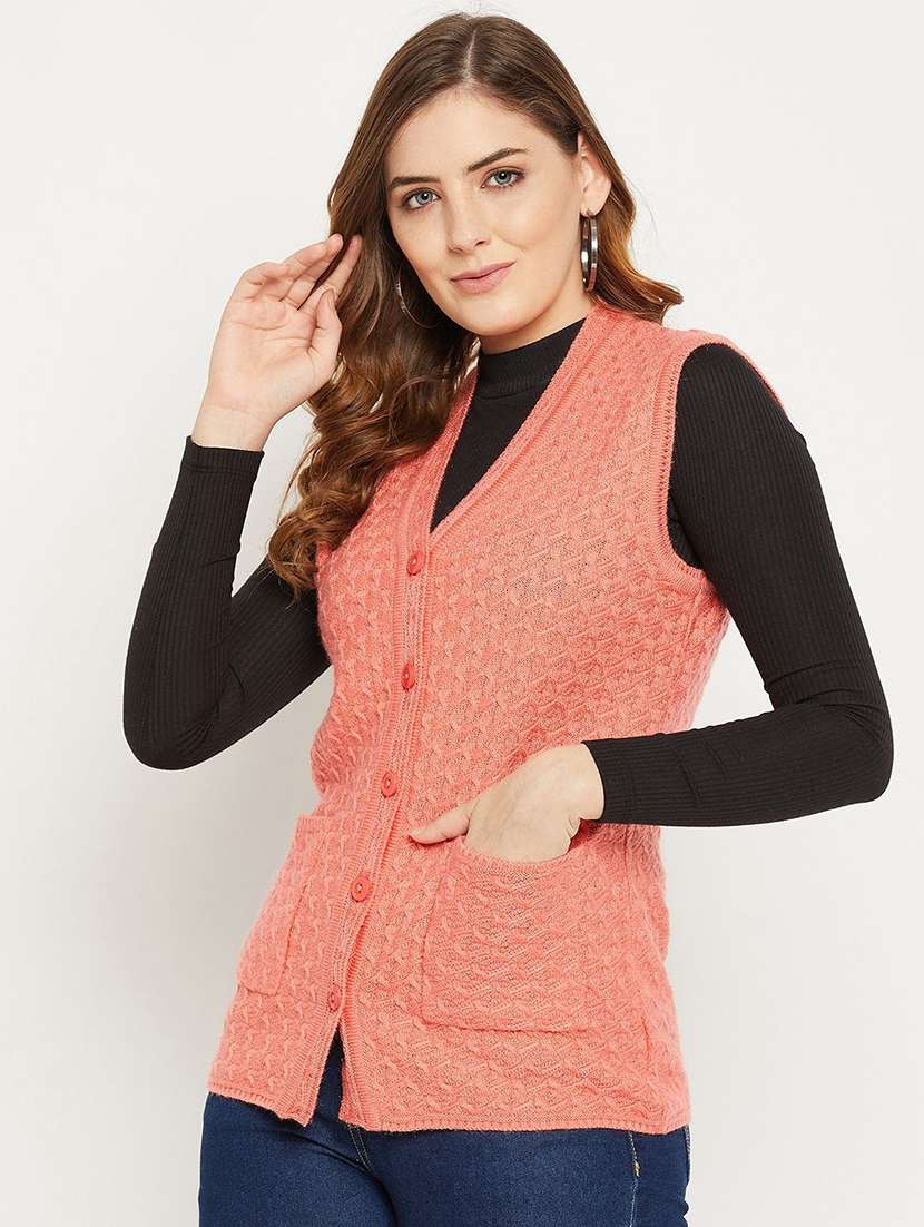 women self designed sleeveless cardigan - 22229285 -  Standard Image - 1