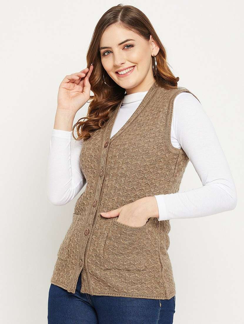 women self designed sleeveless cardigan - 22229359 -  Standard Image - 1