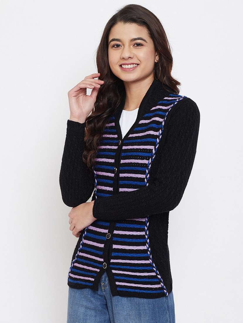 women striped long sleeve cardigan