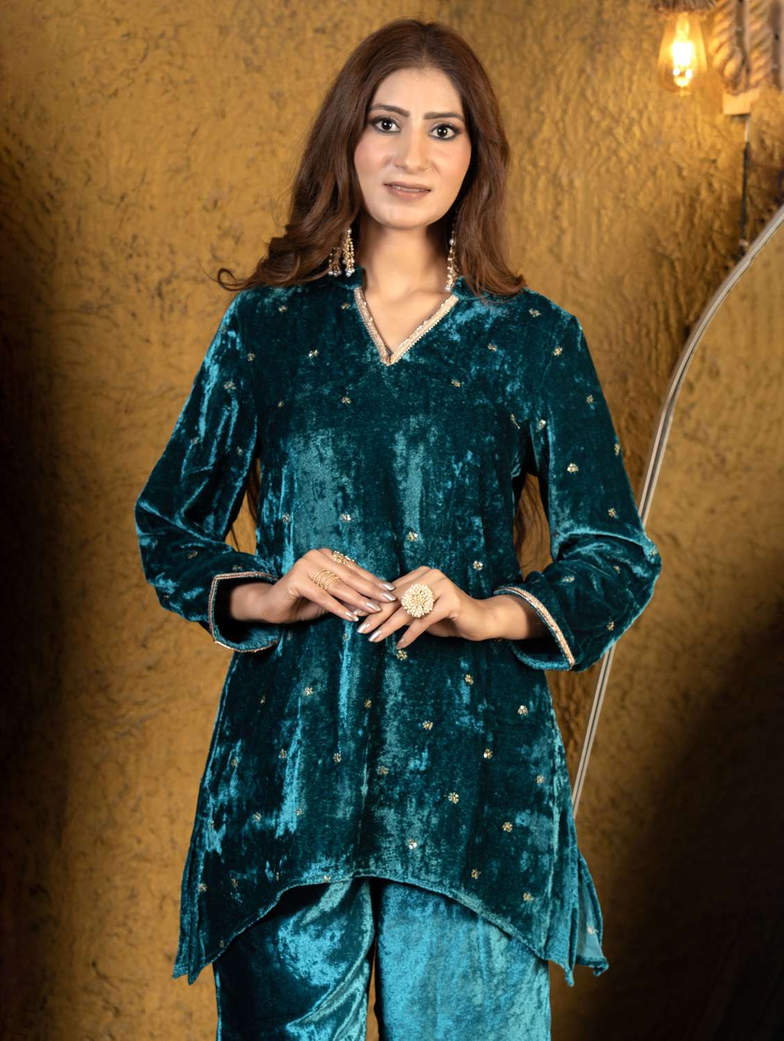 women solid with work long sleeve kurta palazzo set  - 22229795 -  Standard Image - 1