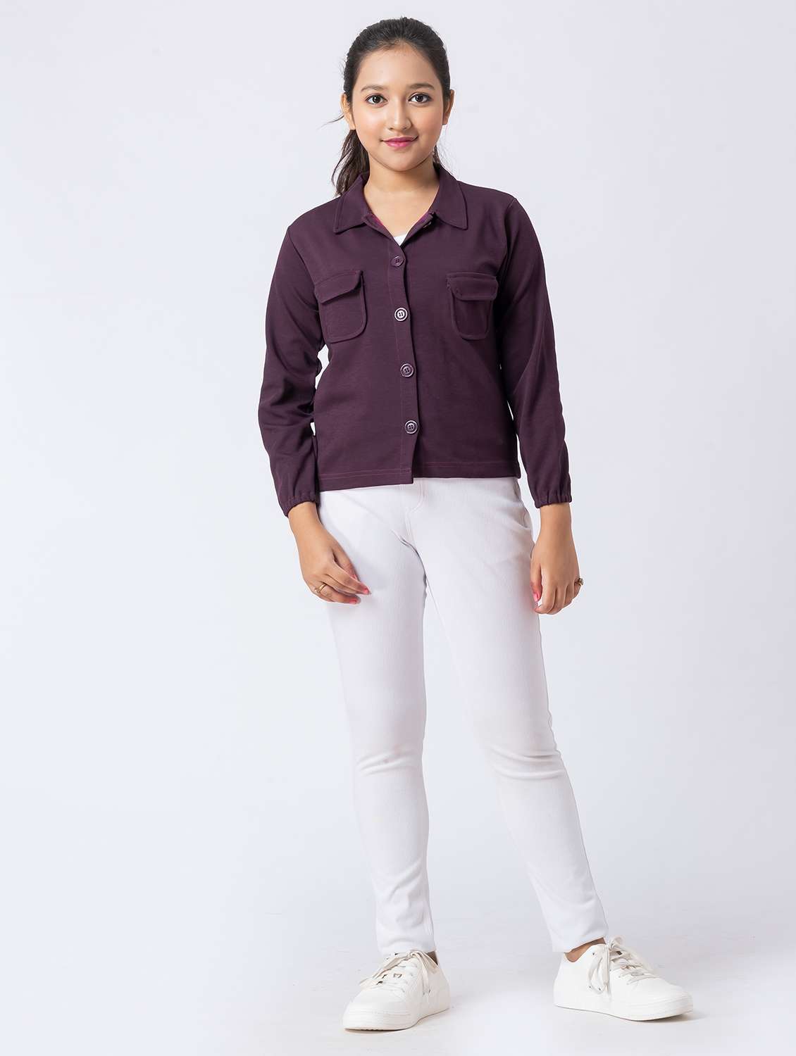 girls solid long sleeve collared regular jacket - 22229821 -  Standard Image - 1