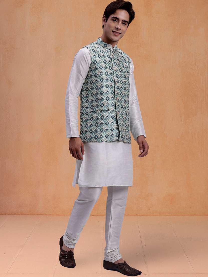 men solid mandarin neck kurta pyjama with jacket ethnic wear set - 22229838 -  Standard Image - 1