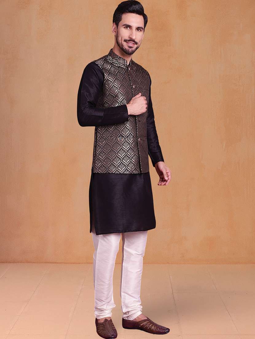 men solid mandarin neck kurta pyjama with jacket ethnic wear set - 22229841 -  Standard Image - 1