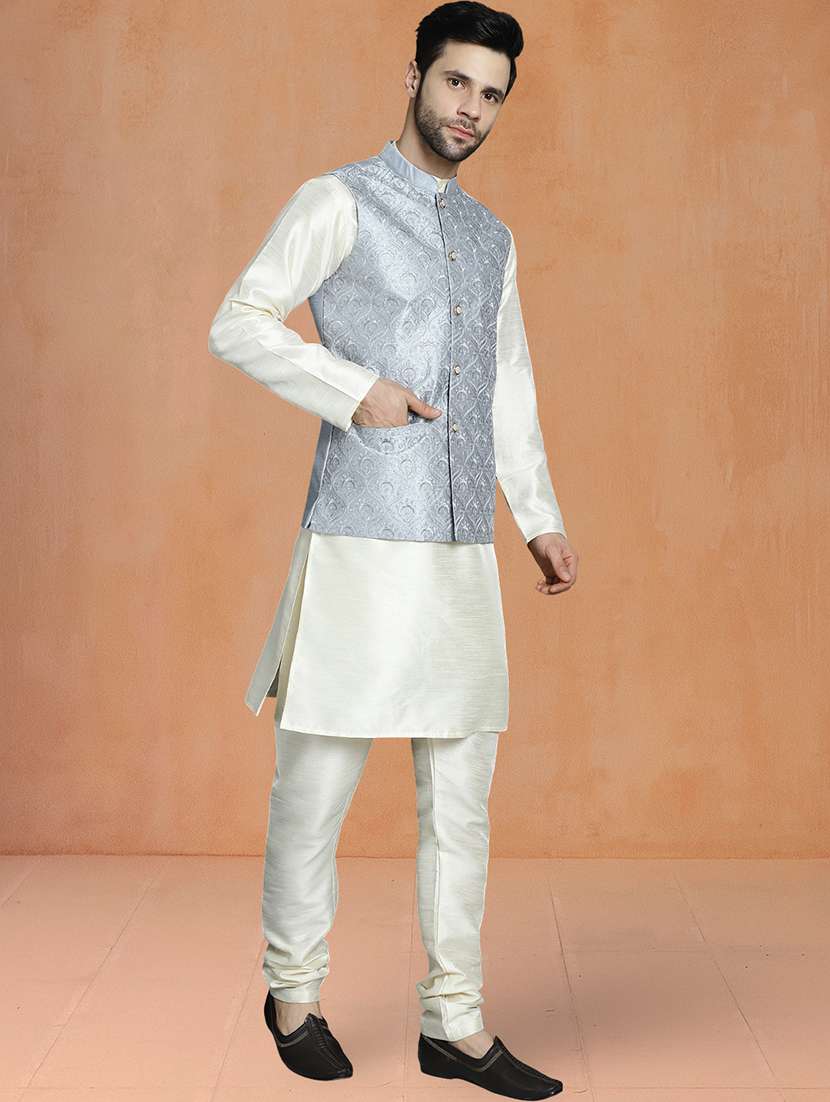 men solid mandarin neck kurta pyjama with jacket ethnic wear set - 22229847 -  Standard Image - 1