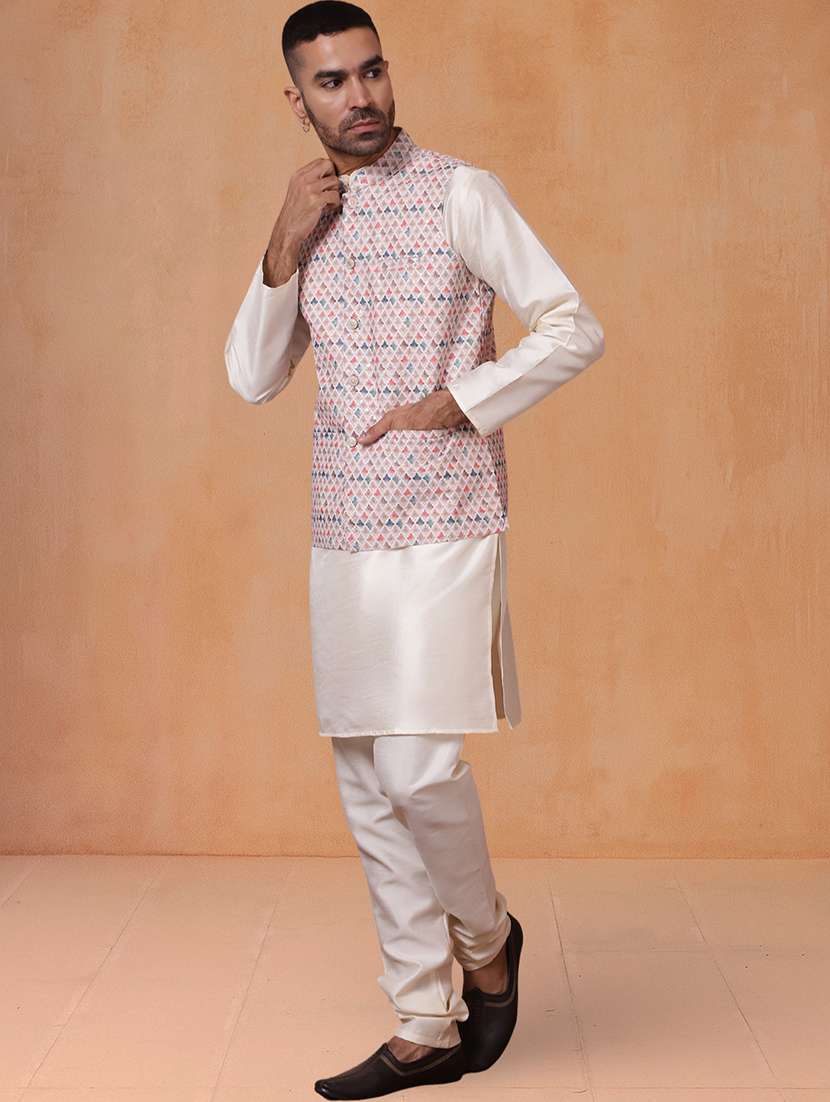 men solid mandarin neck kurta pyjama with jacket ethnic wear set - 22229852 -  Standard Image - 1