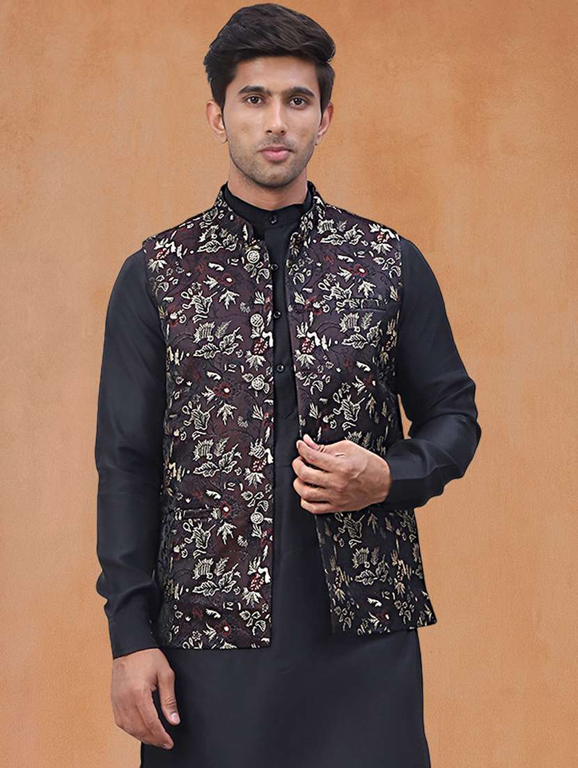 men solid mandarin neck kurta pyjama with jacket ethnic wear set - 22229859 -  Standard Image - 1